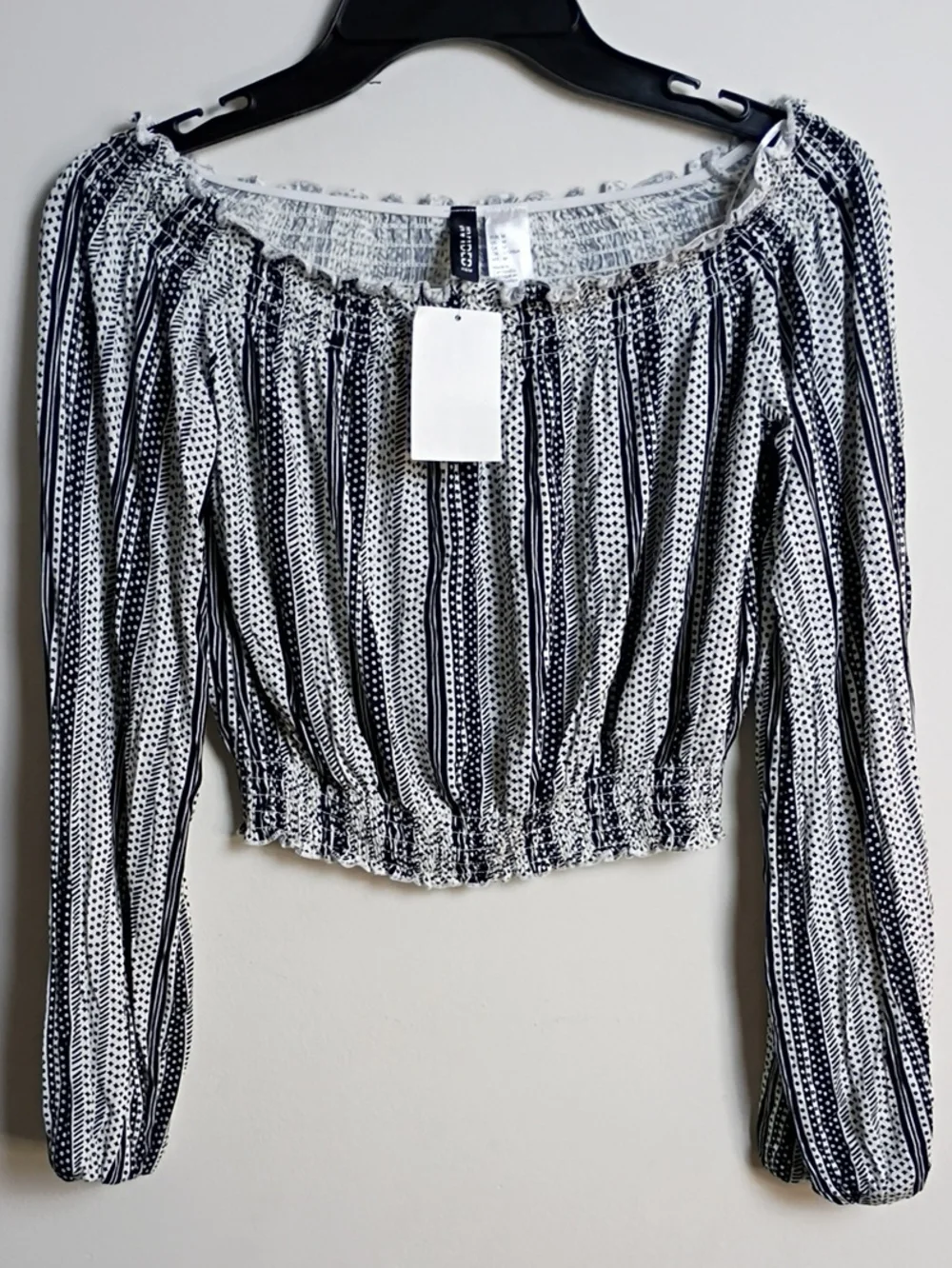 H&M Black and White Striped Off-Shoulder Smocked Crop Top